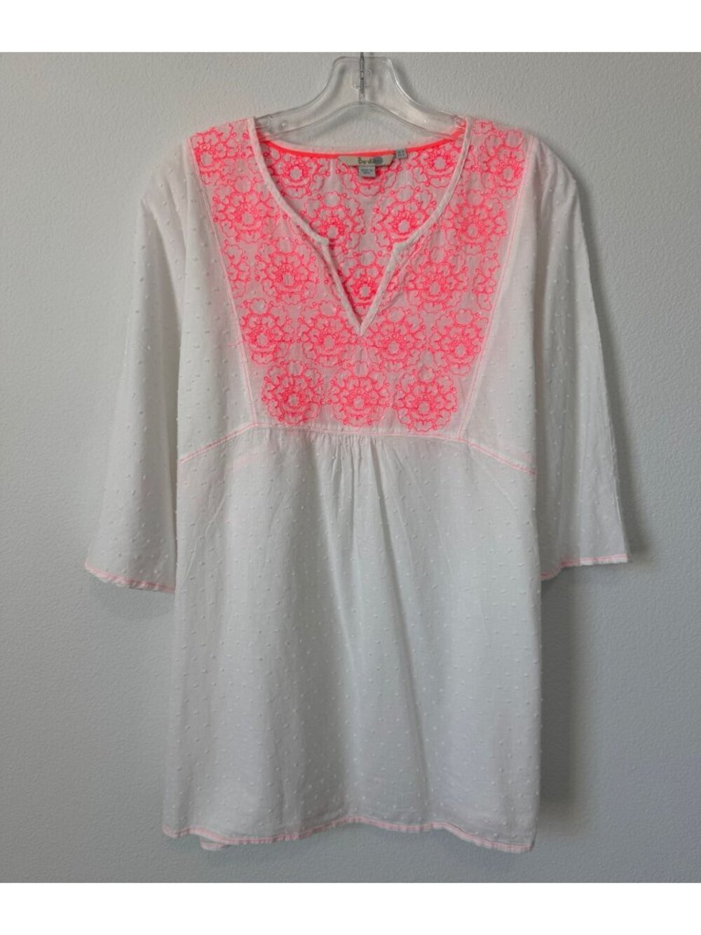 Boden 3/4 Sleeve Floral Embroidered V-Neck Textured Sheer Blouse Women's Size 12